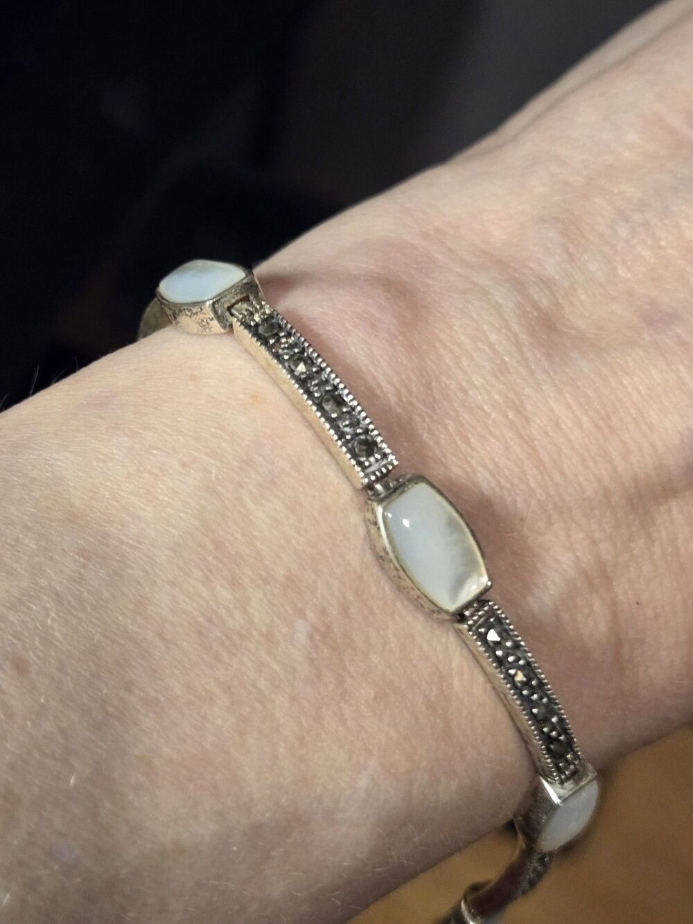 Sterling Silver Marcasite & Mother Of Pearl Hinged Bracelet, 8" 925A